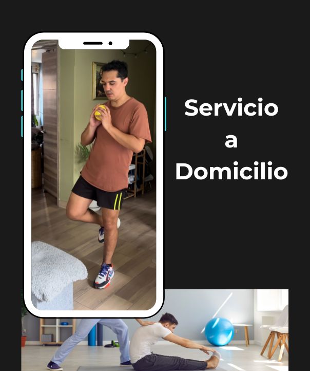 Fisioterapeuta Luis Orta realizando ejercicio de rehabilitación con una pelota de ejercicios, mostrando el servicio de fisioterapia a domicilio en un ambiente hogareño.